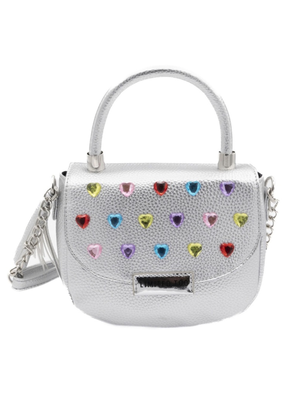 Limited Too Girls Heart Gems Crossbody Metallic Silver Heart-Stud Crossbody Bag